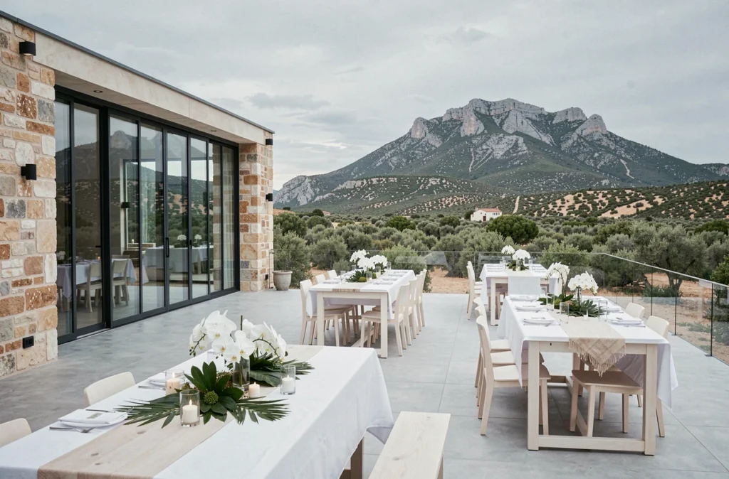 Domaine Ostara à Castries dans l'Hérault, mas contemporain avec terrasse de réception épurée et vue sur garrigue et Pic Saint-Loup
