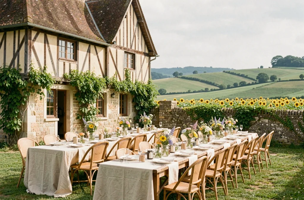 Domaine Yarra dans le Gers, manoir colombage traditionnel avec tables de ferme en lin et vue sur campagne gasconne