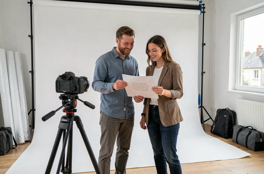 Deux photographes professionnels à Arcueil dans leur studio portrait avec un devis imprimé pour une séance photo