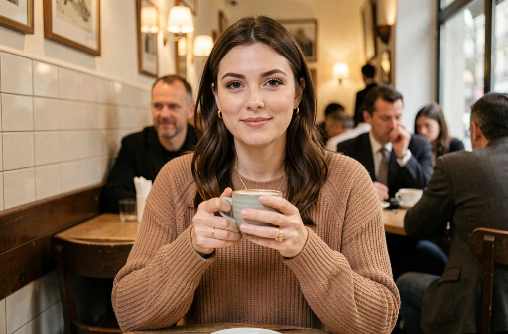 Femme détendue savourant un café dans un bistro parisien authentique, portrait chaleureux et naturel