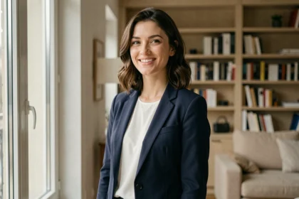 Femme élégante en blazer marine souriante dans un appartement parisien moderne, portrait éditorial naturel