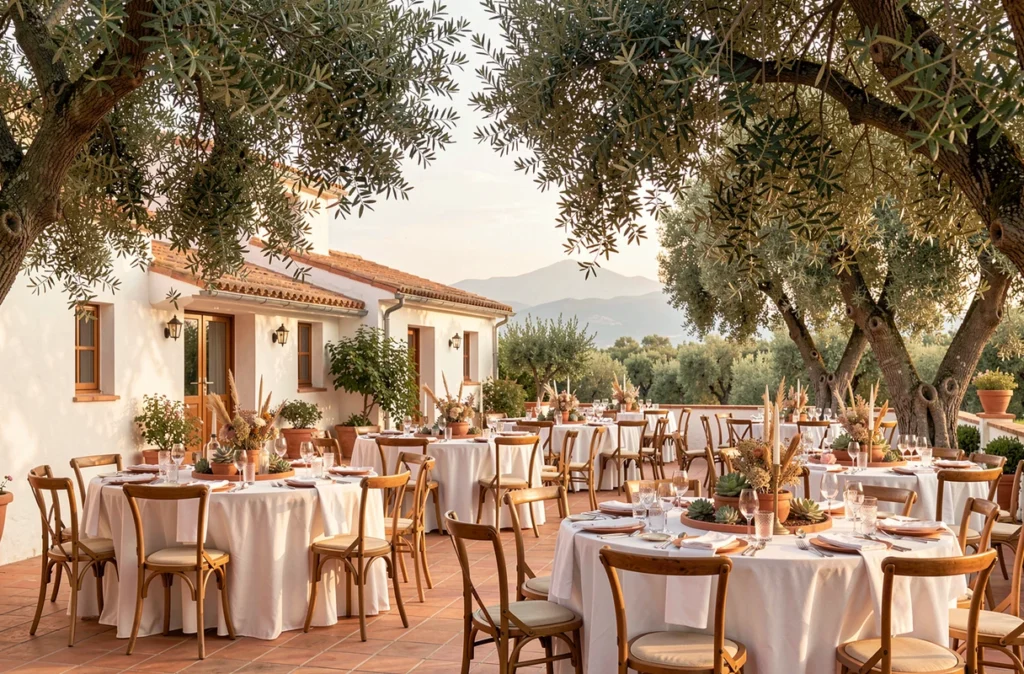 La Finca del Sol près de Perpignan, domaine de réception en villa méditerranéenne avec terrasse ombragée d'oliviers et tables décorées