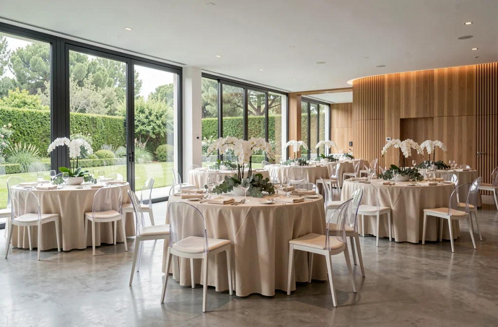 Salle de réception La Finca del Sol à Perpignan, espace intérieur élégant avec grandes baies vitrées et tables dressées pour un mariage