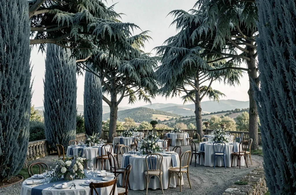Les Cèdres Bleus près de Perpignan, terrasse de jardin de mariage avec cèdres bleus majestueux et tables décorées de style bohème