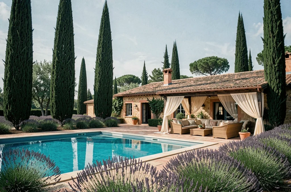 Les Cèdres Bleus près de Perpignan, domaine privatisable avec piscine, cèdres centenaires et terrasse décorée pour un événement