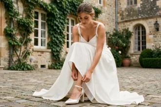 Mariée ajustant ses chaussures blanches à talons carrés dans la cour d'un château français