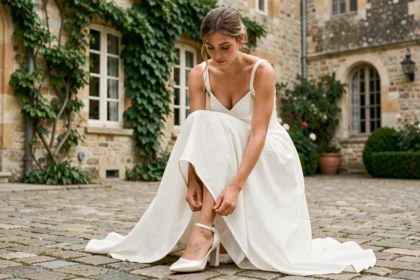 Mariée ajustant ses chaussures blanches à talons carrés dans la cour d'un château français