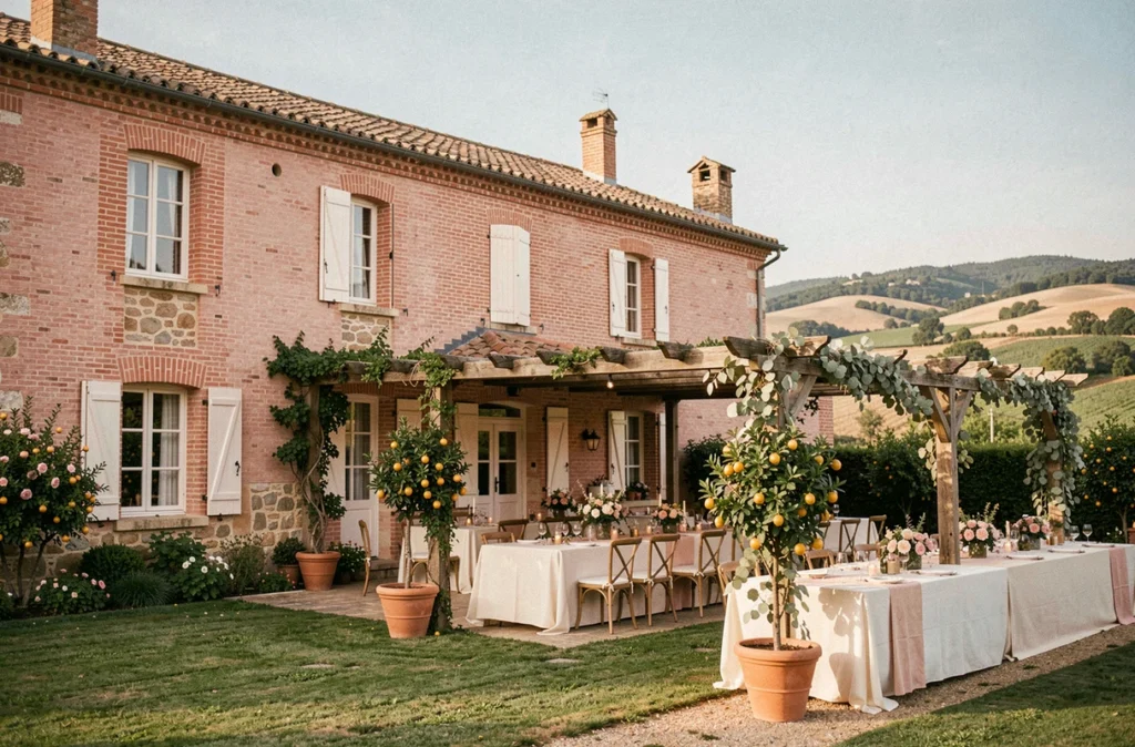 Mas Tolosa en Haute-Garonne, mas en briques roses avec pergola de réception et jardin fleuri pour mariage en Occitanie