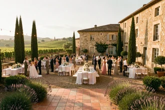 Vue panoramique d'un domaine de réception en Occitanie avec château en pierre, vignobles et tables dressées pour un mariage