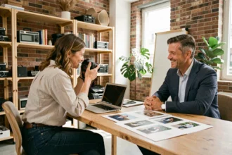 Photographe professionnelle à Arcueil en consultation avec un client pour un devis de séance photo dans un studio moderne