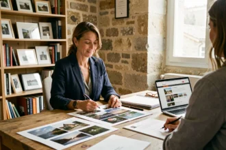 Photographe professionnelle à Auxerre discutant d'un devis avec un client dans son studio