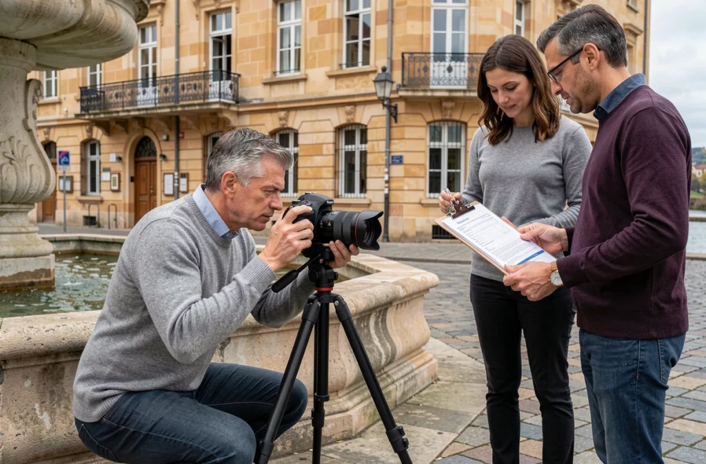 Photographe à Auxerre en extérieur avec des clients consultant un devis près de l'Yonne
