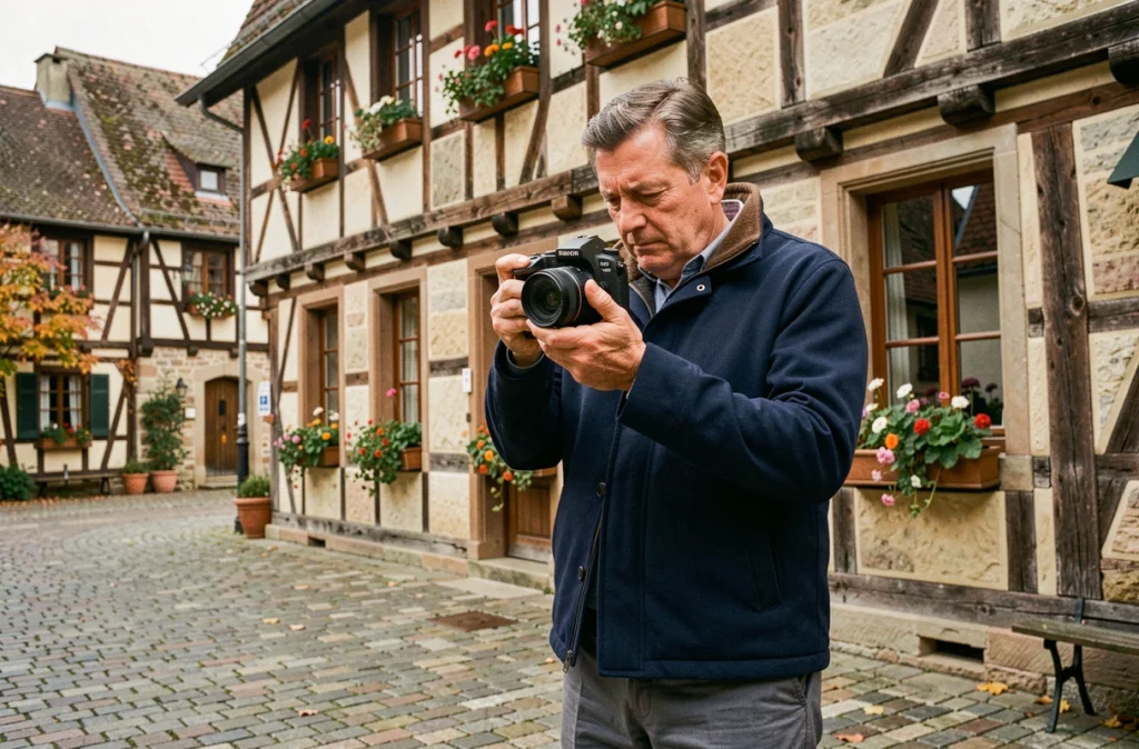 Photographe professionnel en extérieur devant un bâtiment alsacien typique à Erstein