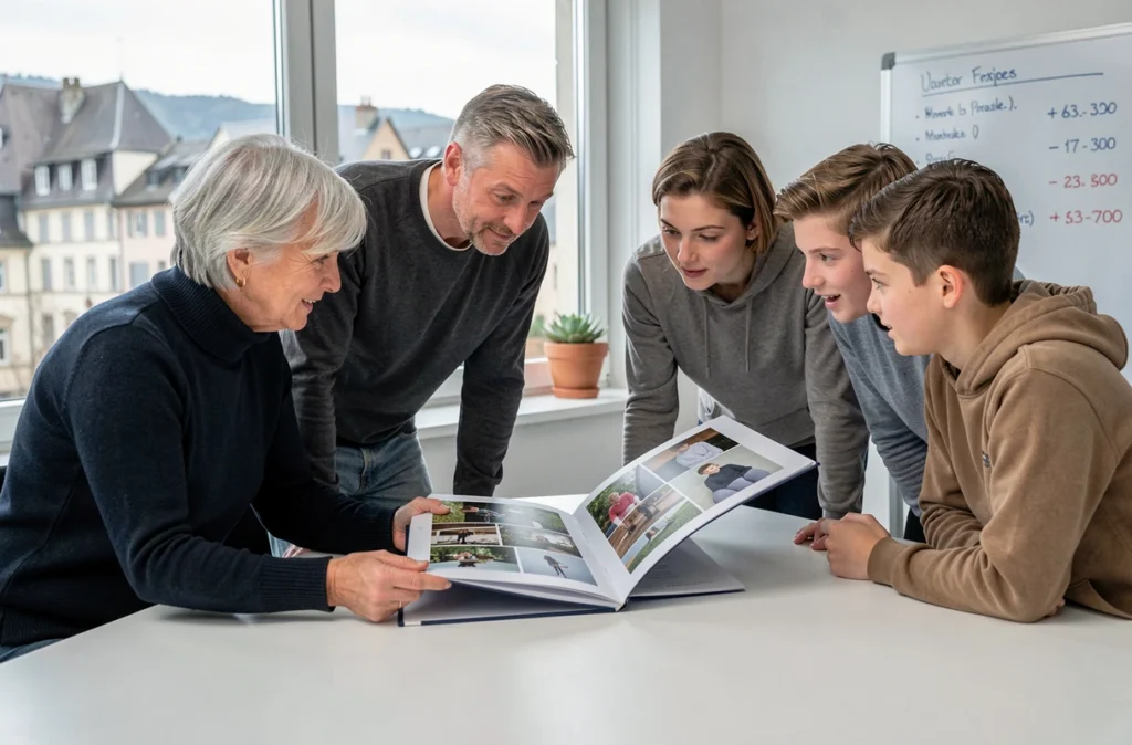 Photographe professionnelle présentant un portfolio et ses prix à une famille à Erstein