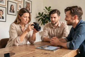 Photographe professionnelle présentant ses tarifs à un couple dans un studio photo à Erstein