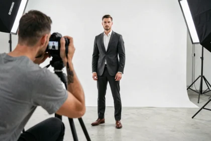 Photographe professionnel en train de shooter un mannequin homme en costume dans un studio photo minimaliste