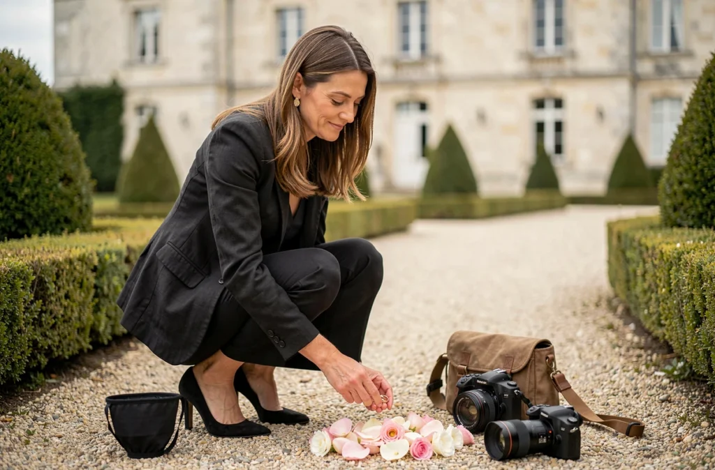 Photographe de mariage qui prépare ses équipements dans les jardins d'un château de la Loire près d'Orléans