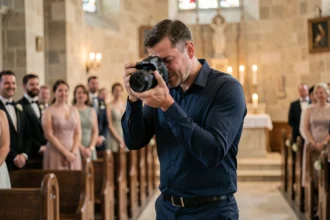Photographe de mariage professionnel en action dans une église en pierre à Orléans lors d'une cérémonie