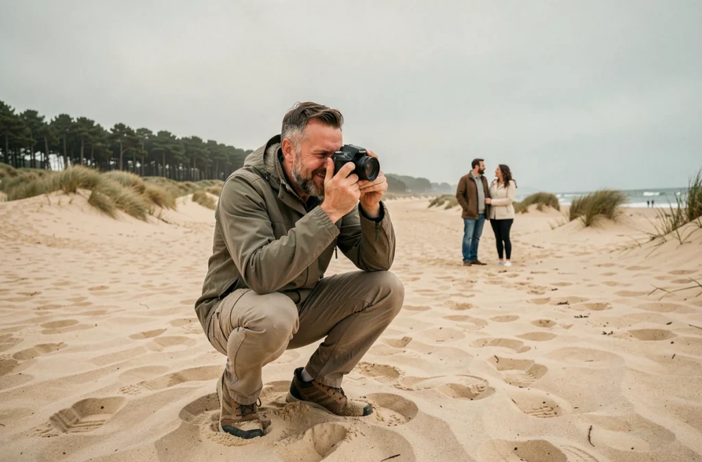 Photographe capturant un couple sur la plage de Mimizan, environnement naturel de dunes et forêt landaise en arrière-plan