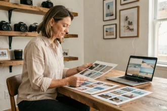Photographe professionnelle révisant un portfolio imprimé dans un studio côtier lumineux, critères de sélection avant réservation à Mimizan