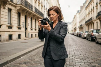 Photographe professionnelle examinant ses clichés dans une rue de Gennevilliers, illustration pour choisir un photographe selon son budget
