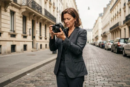 Photographe professionnelle examinant ses clichés dans une rue de Gennevilliers, illustration pour choisir un photographe selon son budget