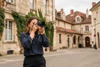 Photographe professionnelle tenant un appareil photo reflex devant un bâtiment en pierre de style bordelais à Talence