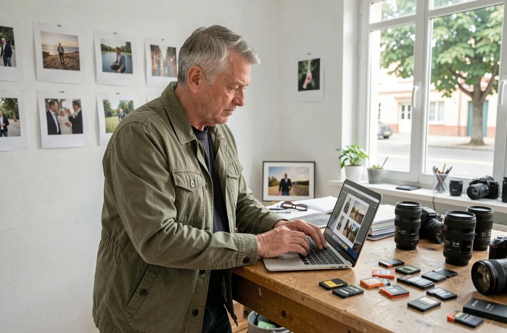 Photographe masculin examinant son portfolio sur un ordinateur portable dans un studio photo moderne à Talence