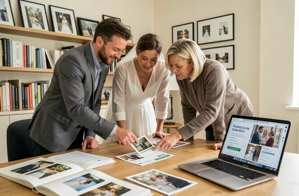 Couple de futurs mariés en rendez-vous avec une photographe pour discuter du tarif et des formules photo mariage