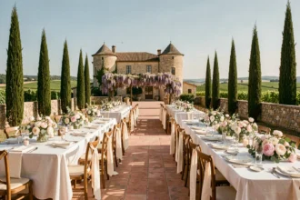 Grande salle de réception de mariage en plein air dans la région Occitanie, avec château en pierre, tables dressées et vignes à l'horizon