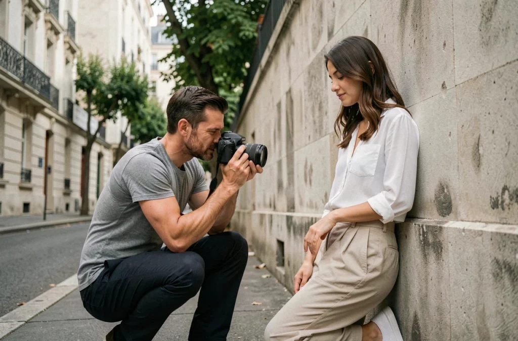 Séance photo en extérieur à Arcueil avec un photographe professionnel cadrant son modèle dans une rue urbaine