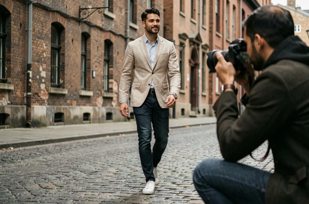Séance photo en extérieur avec un mannequin homme en tenue casual urbaine dans une rue pavée