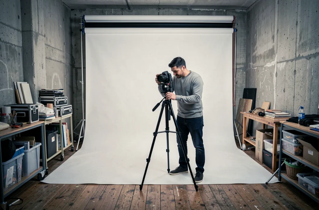 Photographe masculin installant son matériel dans un studio abordable à Gennevilliers pour une séance photo économique