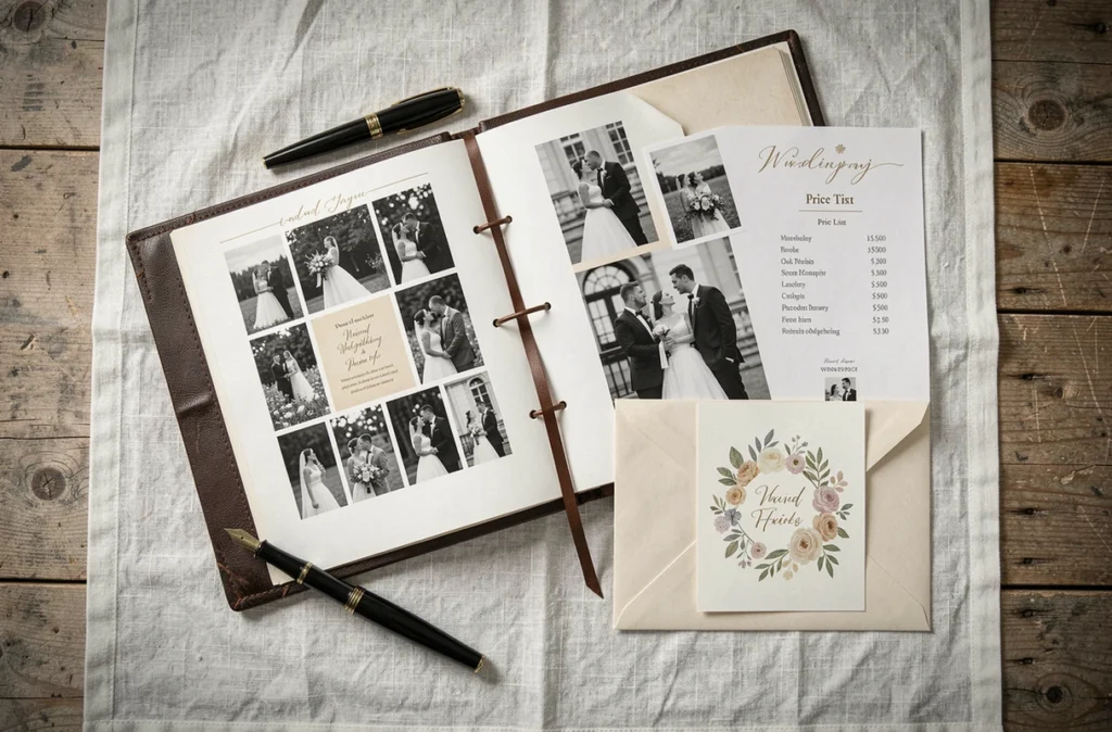 Flat-lay d'un album photo de mariage ouvert avec une liste de tarifs photographe et une invitation de mariage sur nappe en lin