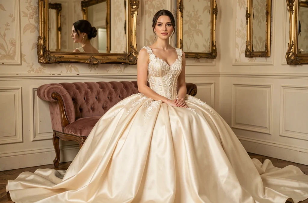 Robe de mariée princesse corset brodé perles et traîne satin dans un salon de préparation élégant