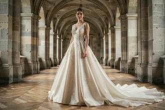 Robe de mariée princesse longue traîne cathédrale en dentelle ivoire dans un couloir de château en pierre