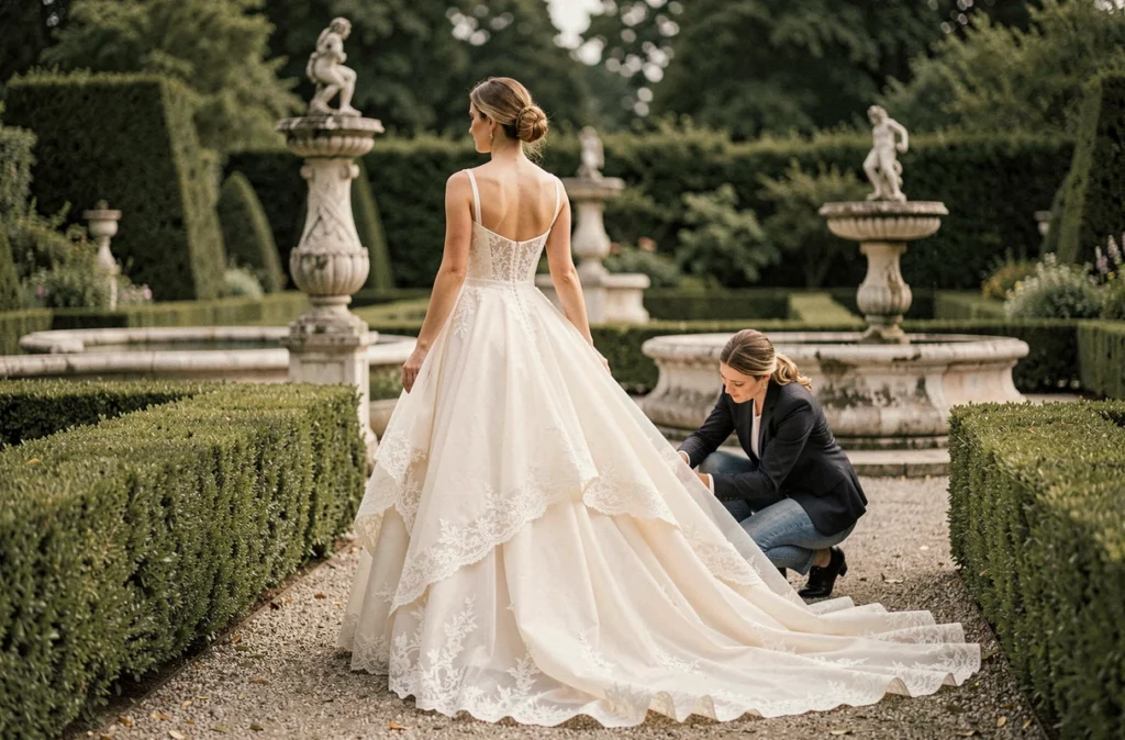 Robe de mariée princesse organza traîne dentelle dans un jardin à la française avec fontaine en pierre